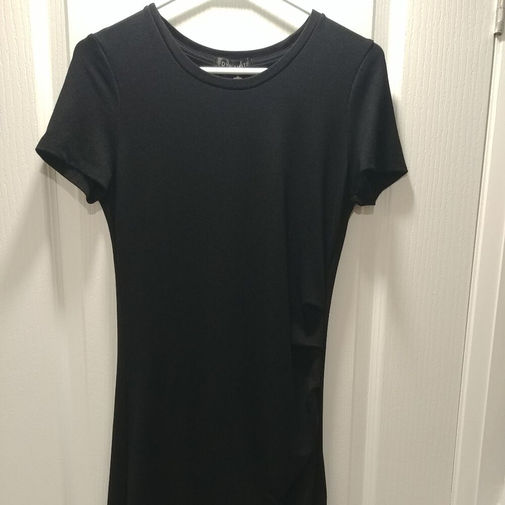 Dynamite Black Ruched Dress,Med. Rayon/Nylon/Spandex, Like New.